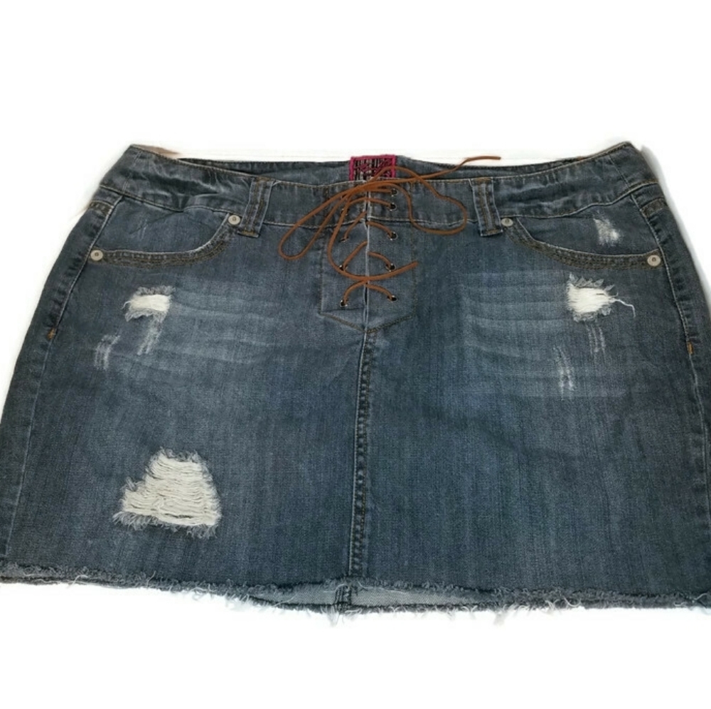 Denim Lace-Up Distressed Mini Skirt in Dark Blue